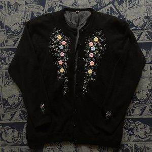 Vintage Floral Pastel Embroidered Black Cardigan